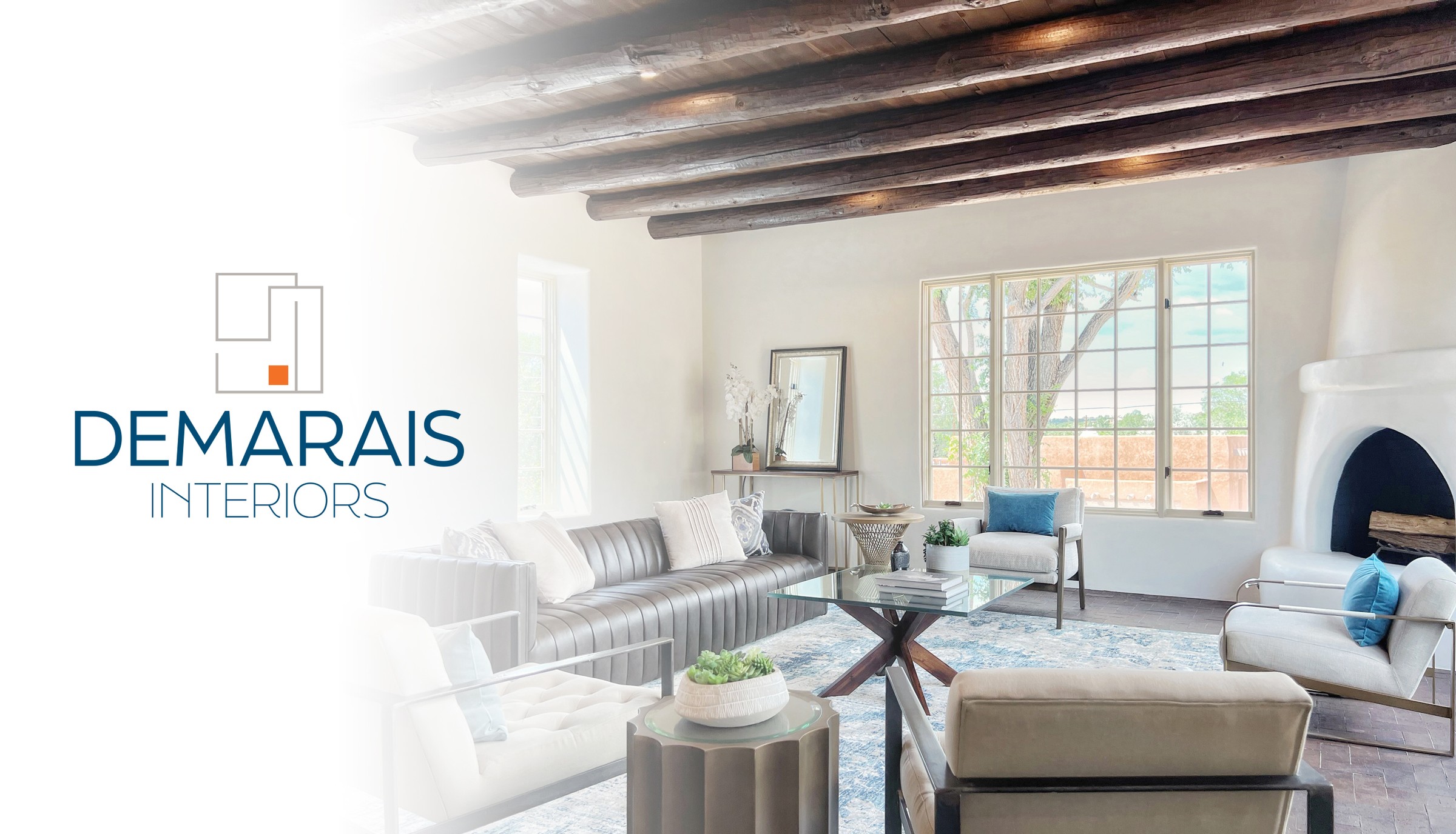Santa Fe home living room interior with company logo overlay
