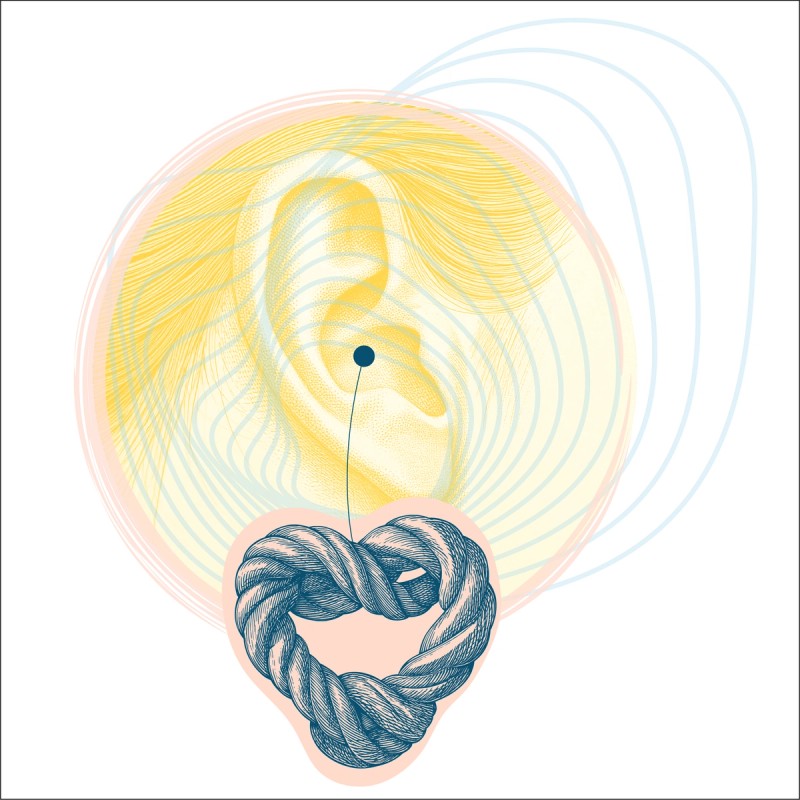 Yellow engraving of ear with energy field lines overlaid and a small heart-shaped knot of rope