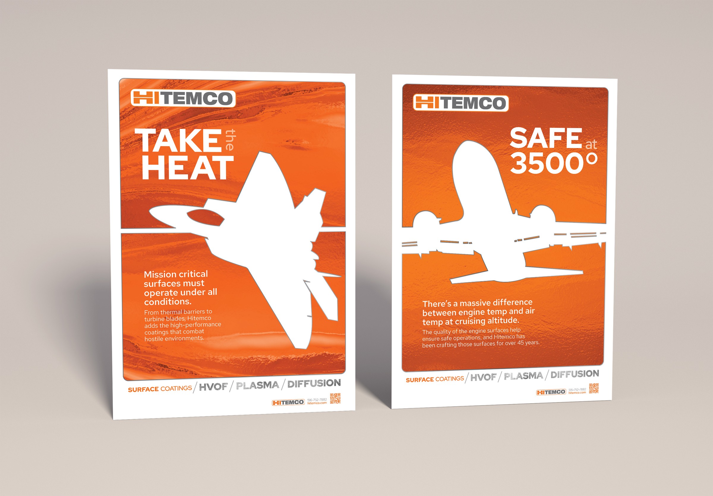 Two promotional posters for Hitemco featuring aircraft and bright orange backgrounds