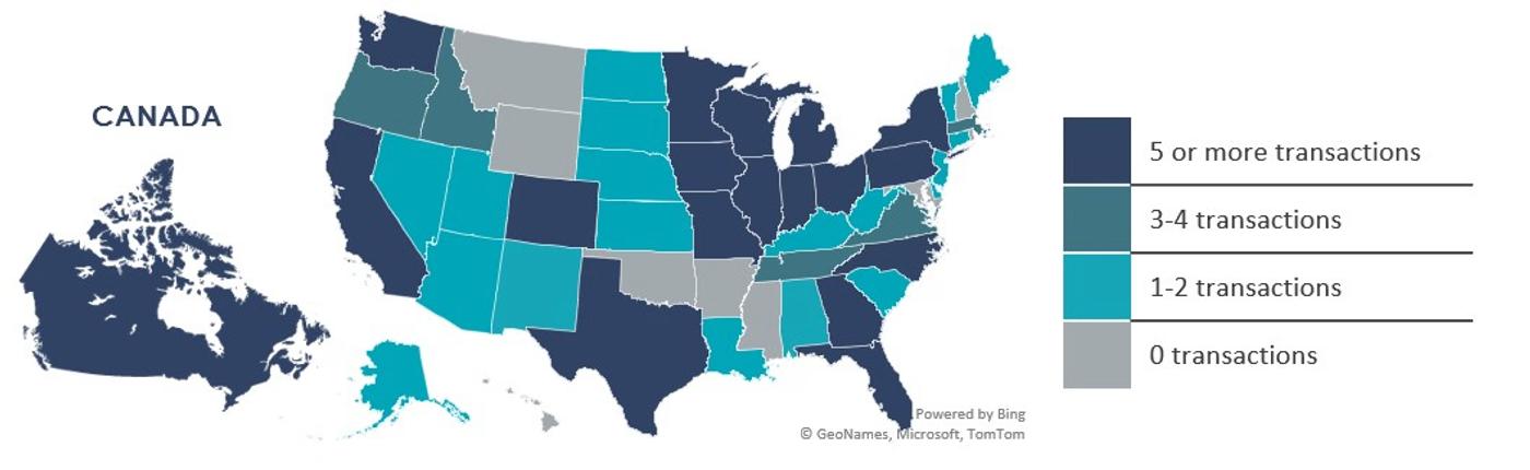 Color-coded map of the United States and Canada indicating transaction volume by region, with darker shades representing five or more transactions and lighter shades representing fewer or no transactions.