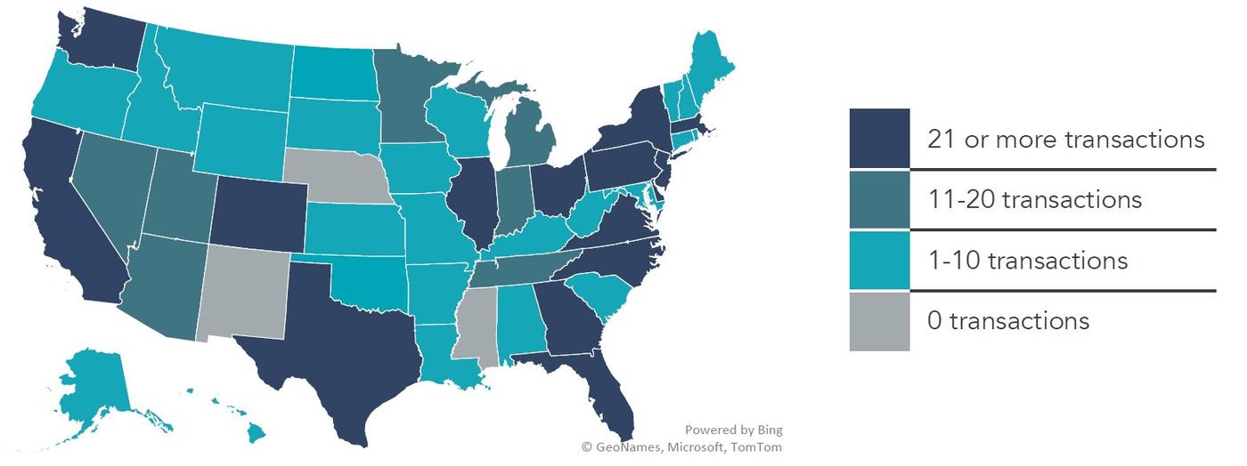 Map of the United States displaying transaction activity by state, with darker shading indicating higher transaction volume and lighter or gray shading indicating fewer or no transactions.