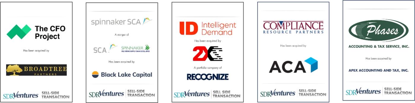 Row of company logos representing completed transactions in the professional services sector.