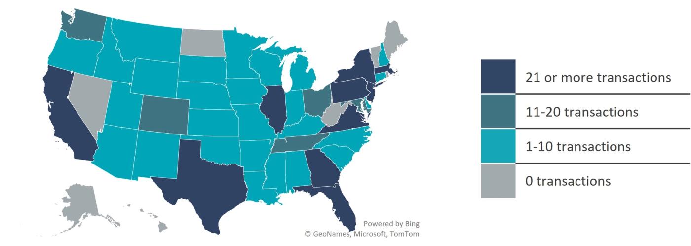 Color-coded map of the United States indicating transaction volume by state. Dark shading represents 21 or more transactions, medium shading represents 11–20 transactions, light shading represents 1–10 transactions, and gray indicates zero transactions.
