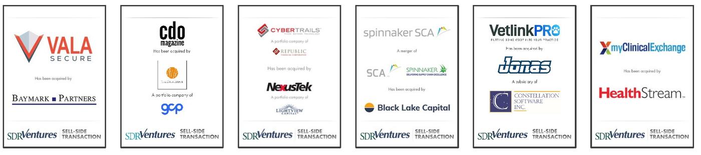 Row of company logos representing selected completed software and IT services transactions advised by SDR Ventures.