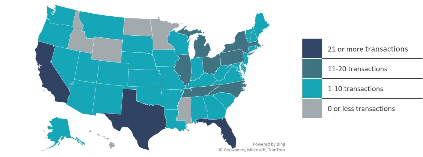Color-coded map of the United States showing transaction volume by state, with darker shades representing 21 or more transactions, medium shades representing 11–20 transactions, lighter shades representing 1–10 transactions, and gray indicating zero transactions