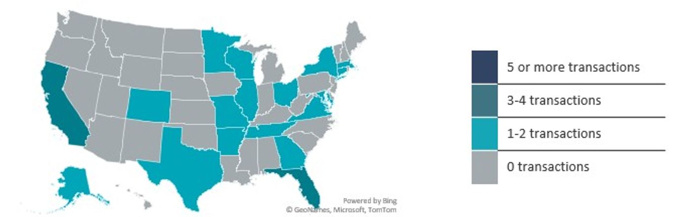 ALT Text: Map of the United States illustrating transaction activity by state, with a color-coded legend showing five or more transactions in dark blue, three to four in blue-green, one to two in teal, and zero transactions in gray.
