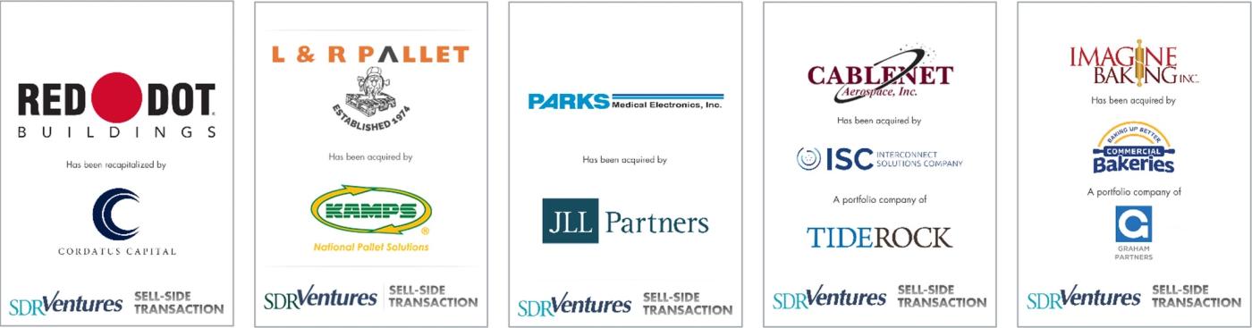Row of company logos representing selected completed transactions within the manufacturing industry.