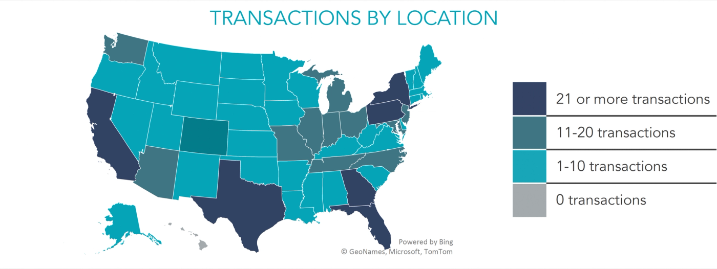 A chart of the USA showing transactions by location