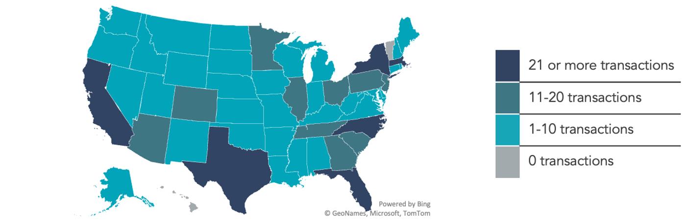 A map of the US measuring number of transactions in each state. 