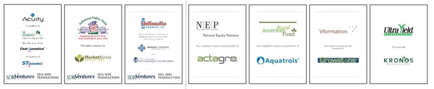 Row of company logos representing completed agribusiness and food value chain transactions.