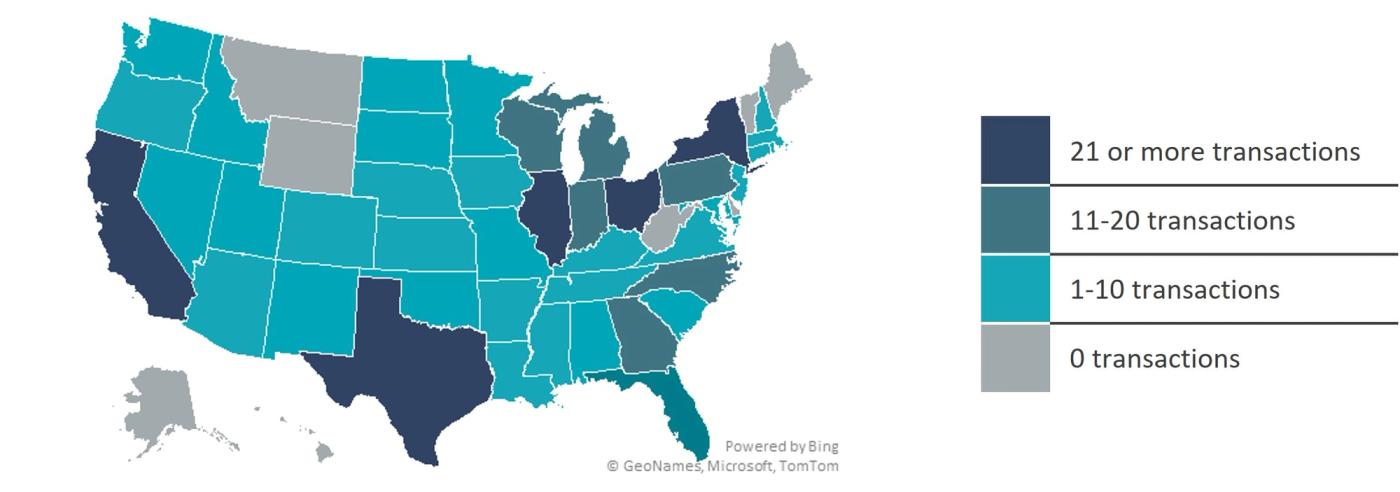 Color-coded map of the United States showing transaction volume by state. Dark shading indicates 21 or more transactions, medium shading indicates 11–20 transactions, lighter shading indicates 1–10 transactions, and gray indicates zero transactions.