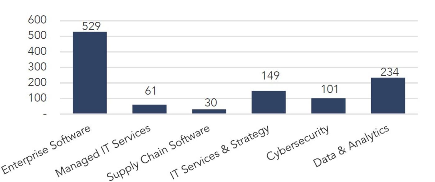 Bar chart showing the number of software and IT services transactions by segment, with Enterprise Software having the highest activity, followed by Data and Analytics, Cybersecurity, IT Services and Strategy, Managed IT Services, and Supply Chain Software.
