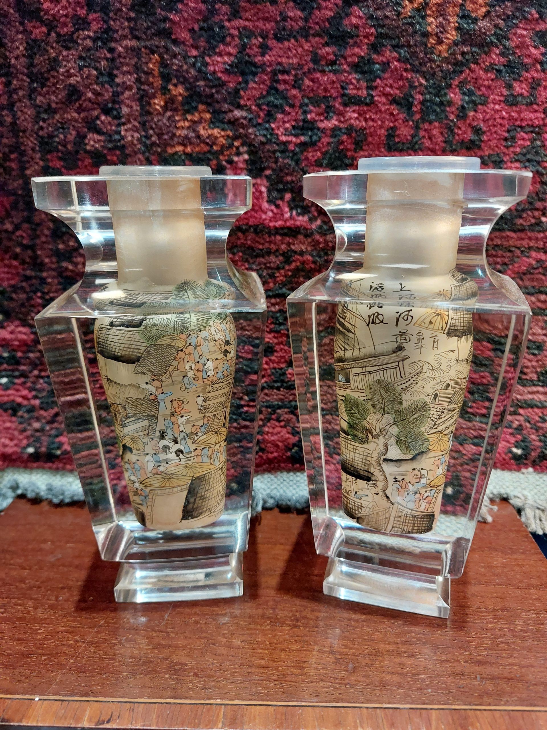 Pair of Reverse Painted Heavy Glass Vases Hand Painted