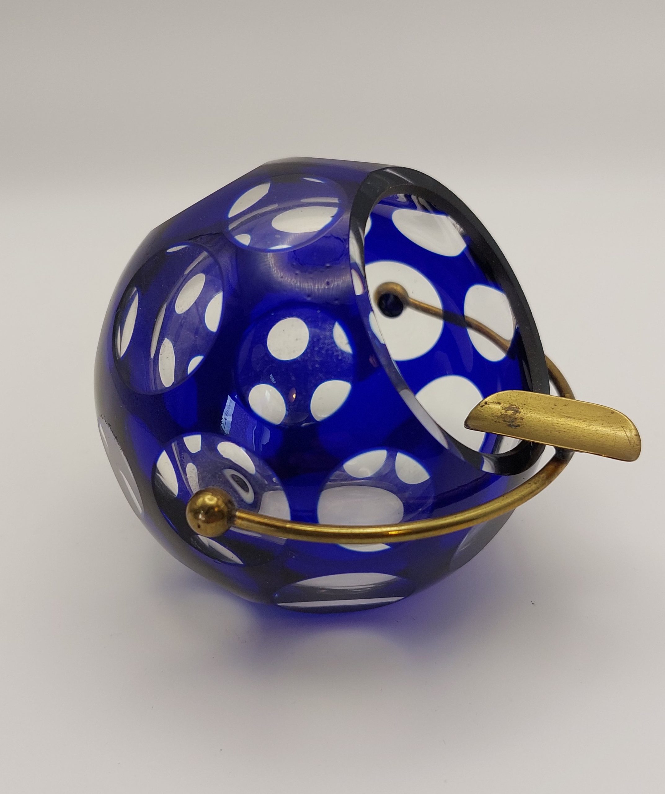 Glass Ball Ashtray Blue Overlay Brass Rest c1970s Marita Voigt for Harzkristall