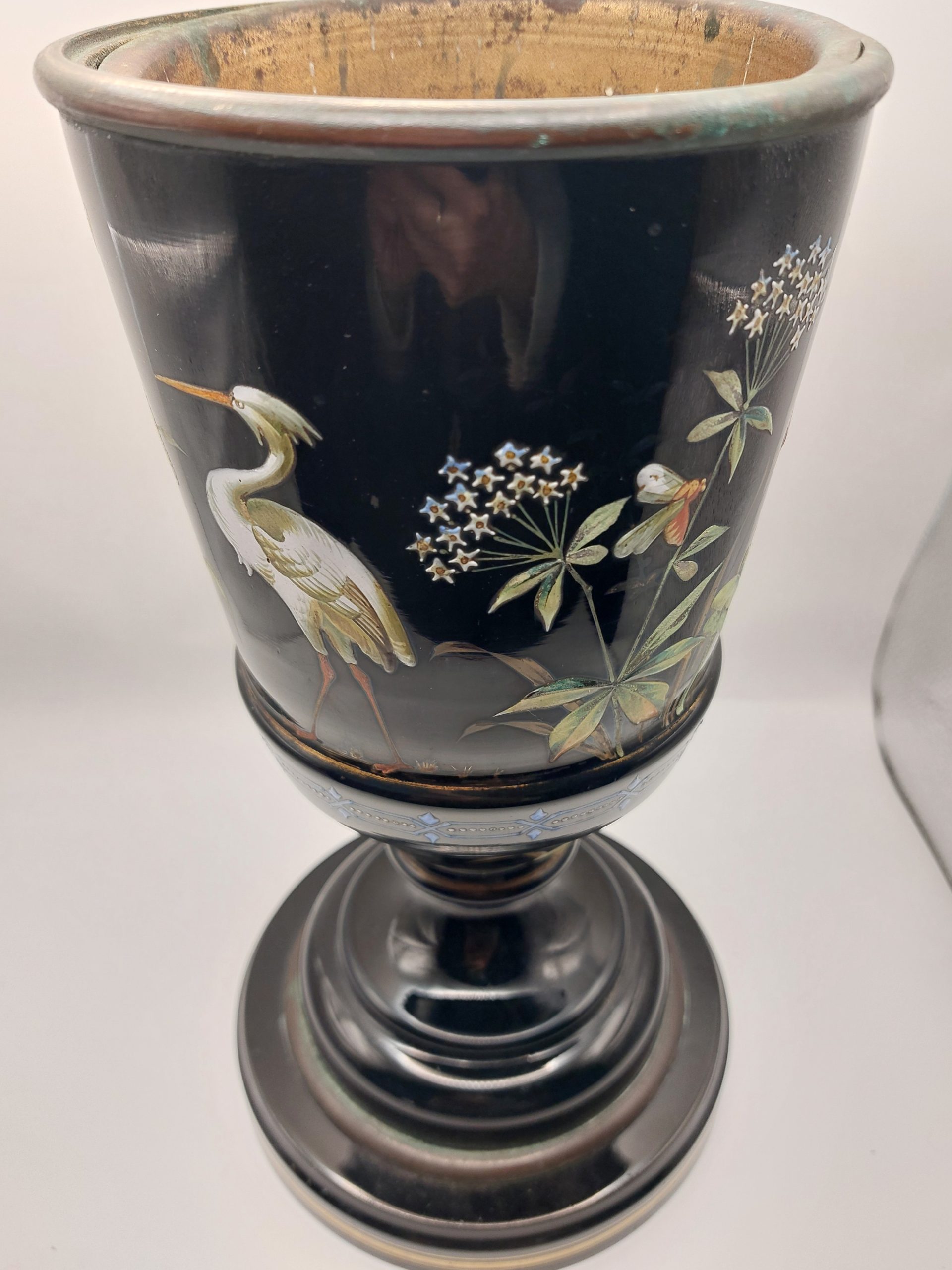 Gorgeous Bohemian Hand Painted Glass and Metal Vase c1900