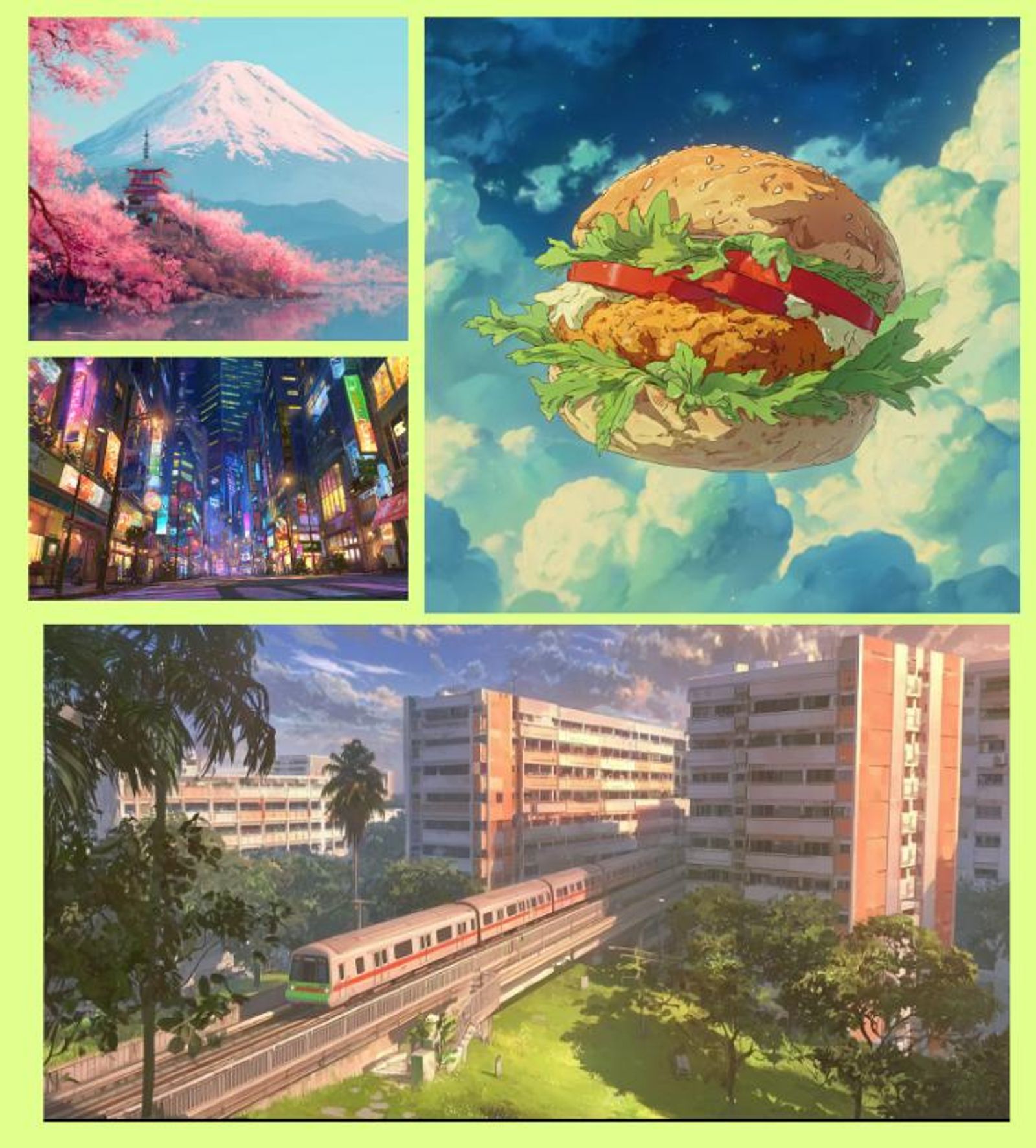 Fuji, Tokyo, burger and HDB moodboard collage