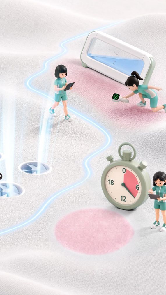 Kao Laurier Safety Guard micro-world diorama styleframe, tiny figures inspecting fabric fibres with a stopwatch and sensor