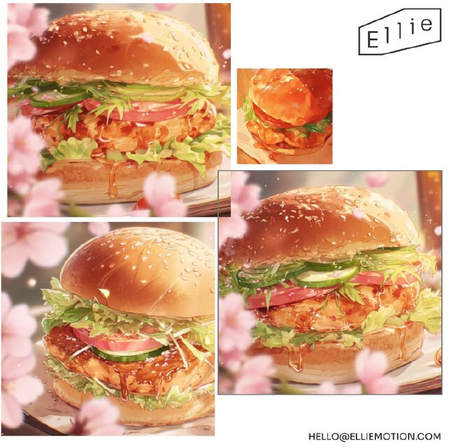 Burger product renders with sakura petals
