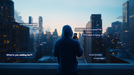 Crypto.com AI-generated FOMO styleframe, a hooded figure on a rooftop with chat bubbles reacting to crypto prices