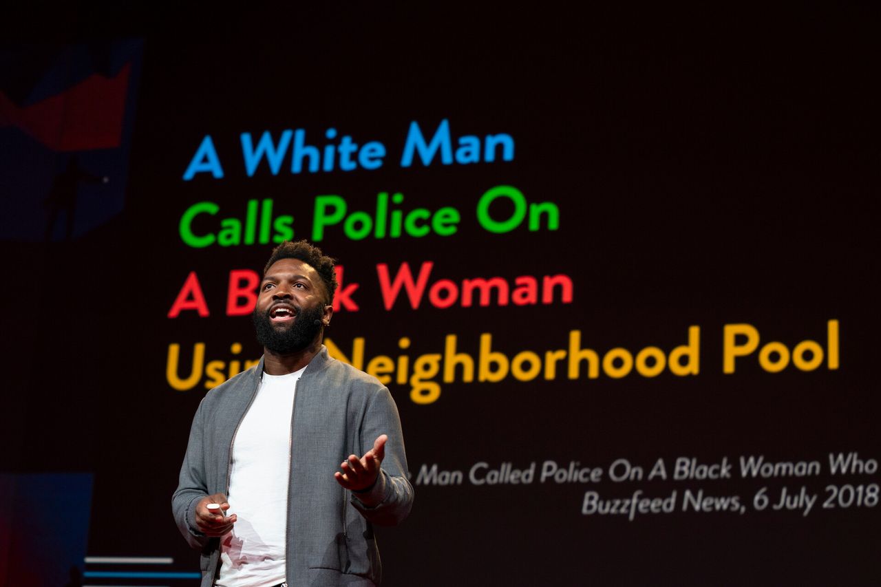 Thurston giving his TED Talk in Vancouver in April 2019. (Photo: Bret Hartman. Courtesy TED and Baratunde Thurston)