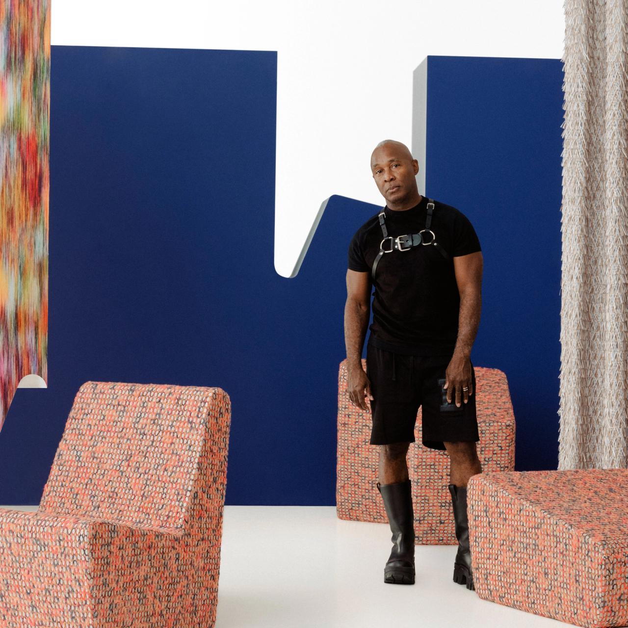 Nick Cave with furniture covered in fabrics from his recent collection with Knoll Textiles. (Photo: Lyndon French. Courtesy Knoll Textiles)