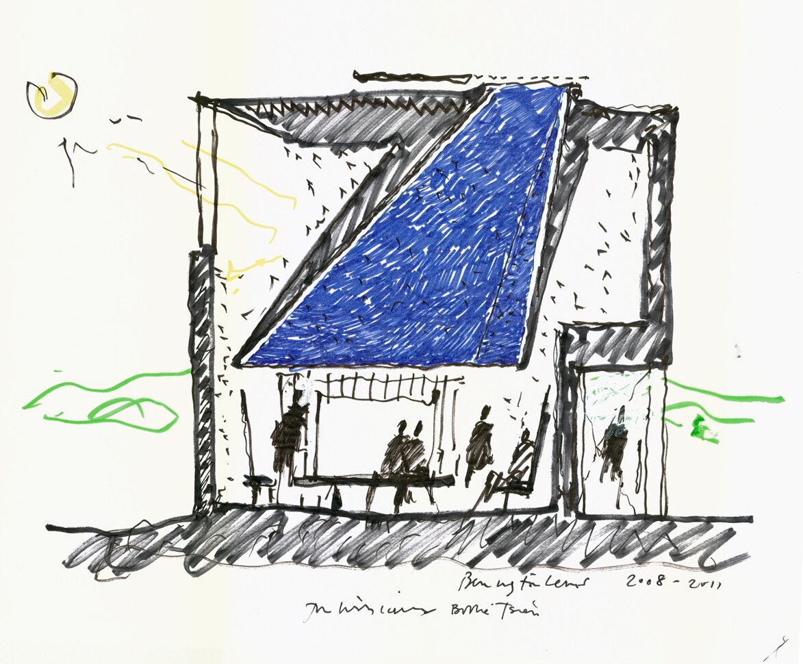 Hand-drawn sketch of a building with people and light flowing down from the ceiling