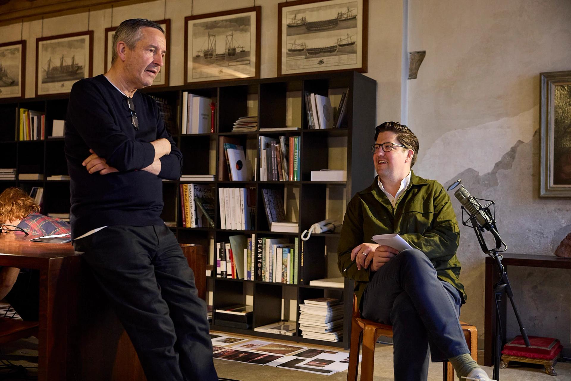 Van Noten, left, and Bailey inside the Fondazione Dries Van Noten in Venice, Italy, prior to the recording of Ep. 156 of Time Sensitive. (Photo: Antonio Campanella for The Slowdown)