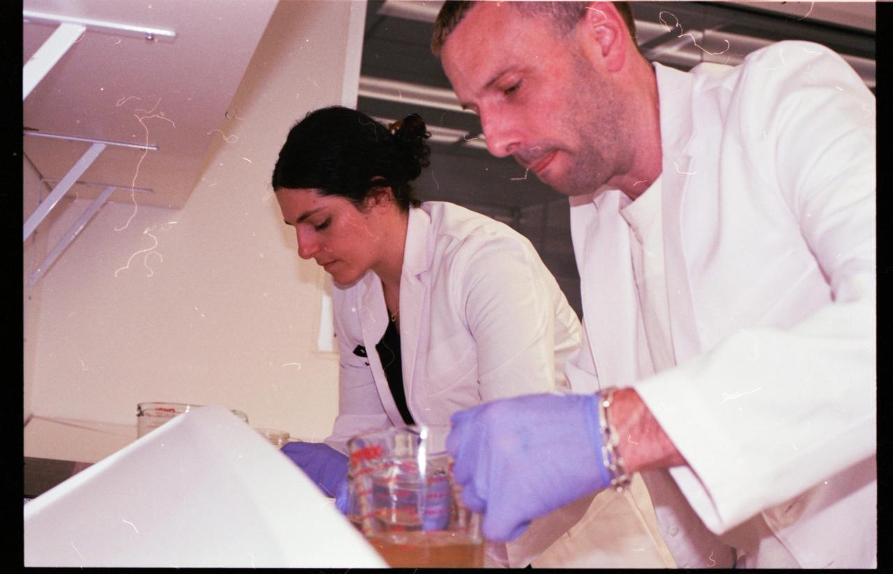 Semaan (right) and her partner, Colin Vernon (left), developing the Slowhide vegan leather in the Slow Factory Labs. (Courtesy Slow Factory)