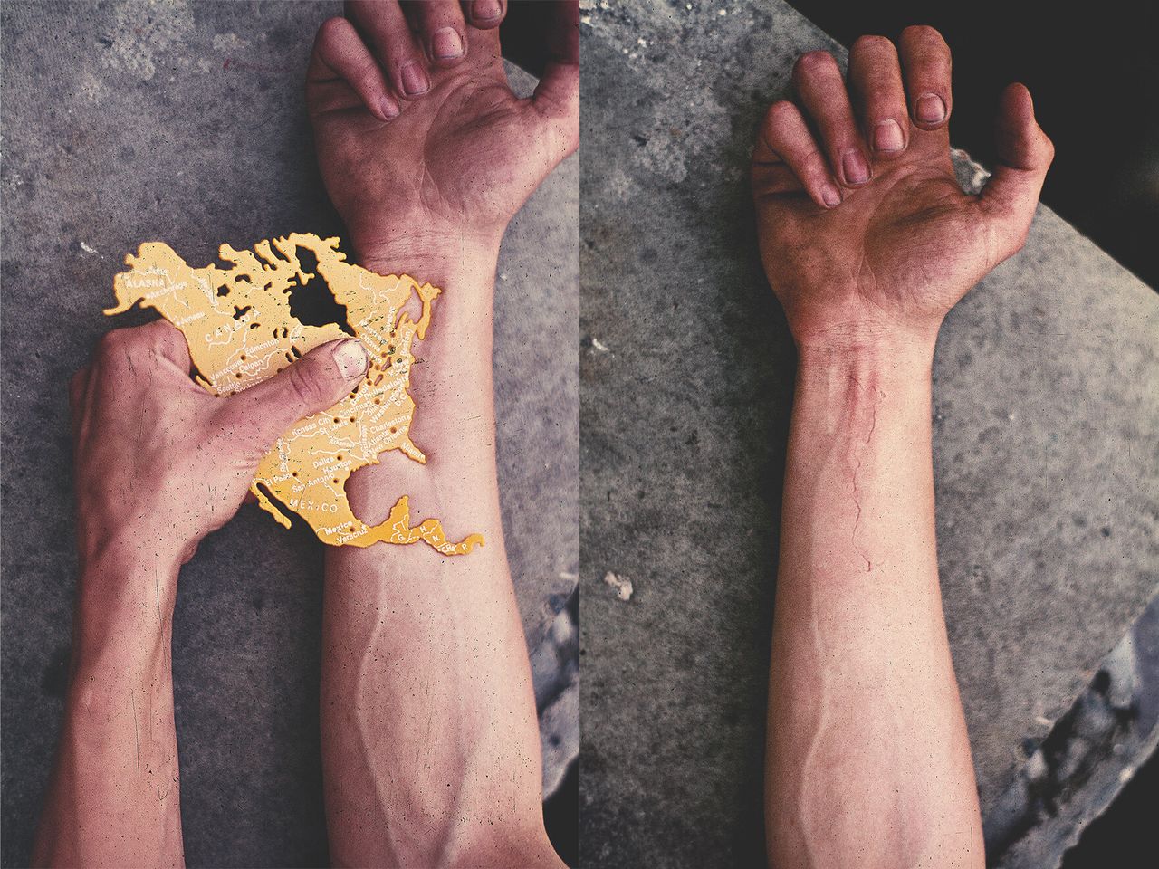 The process (left) and final product (right) of A New Vein (1974) by Jamie Nares. (Courtesy Kasmin Gallery)