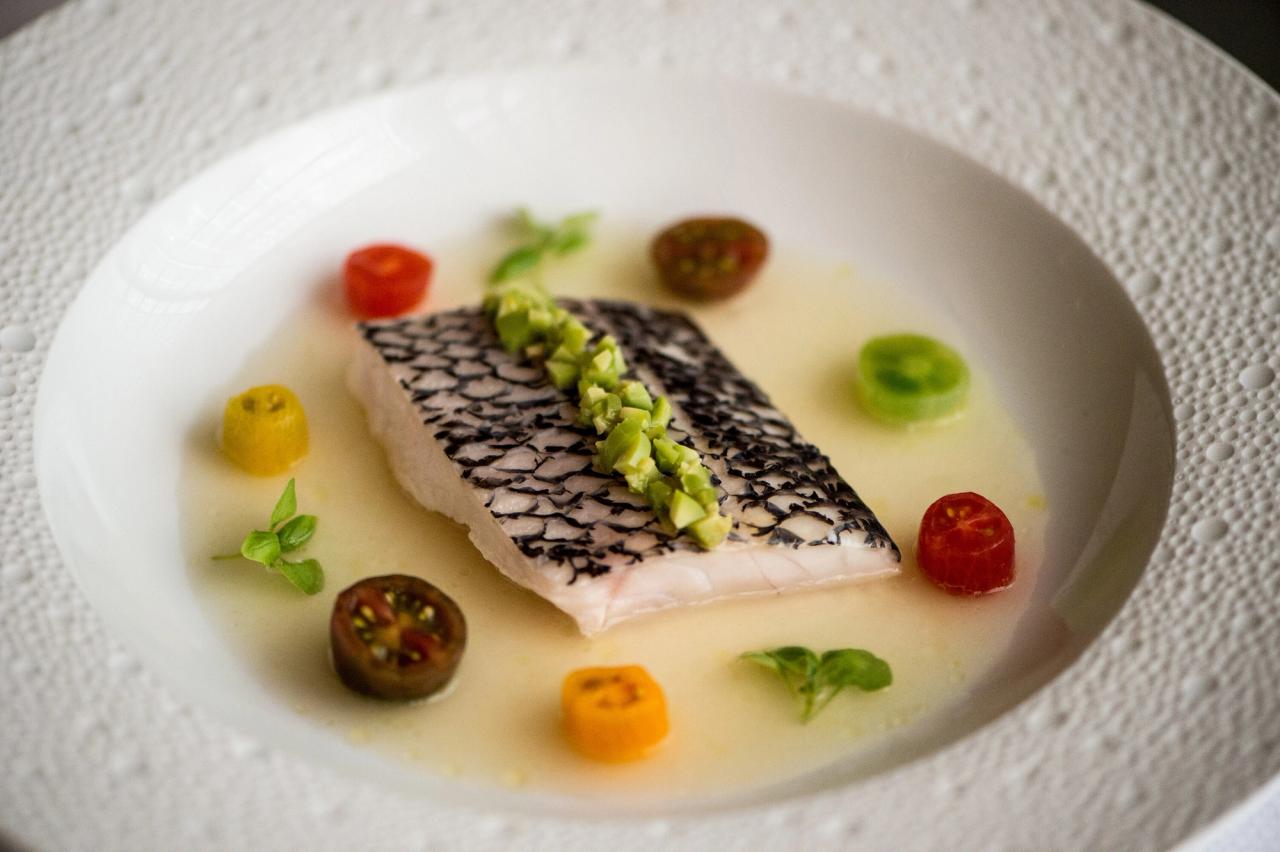 Le Bernardin’s steamed black bass. (Photo: Daniel Krieger. Courtesy Le Bernardin)