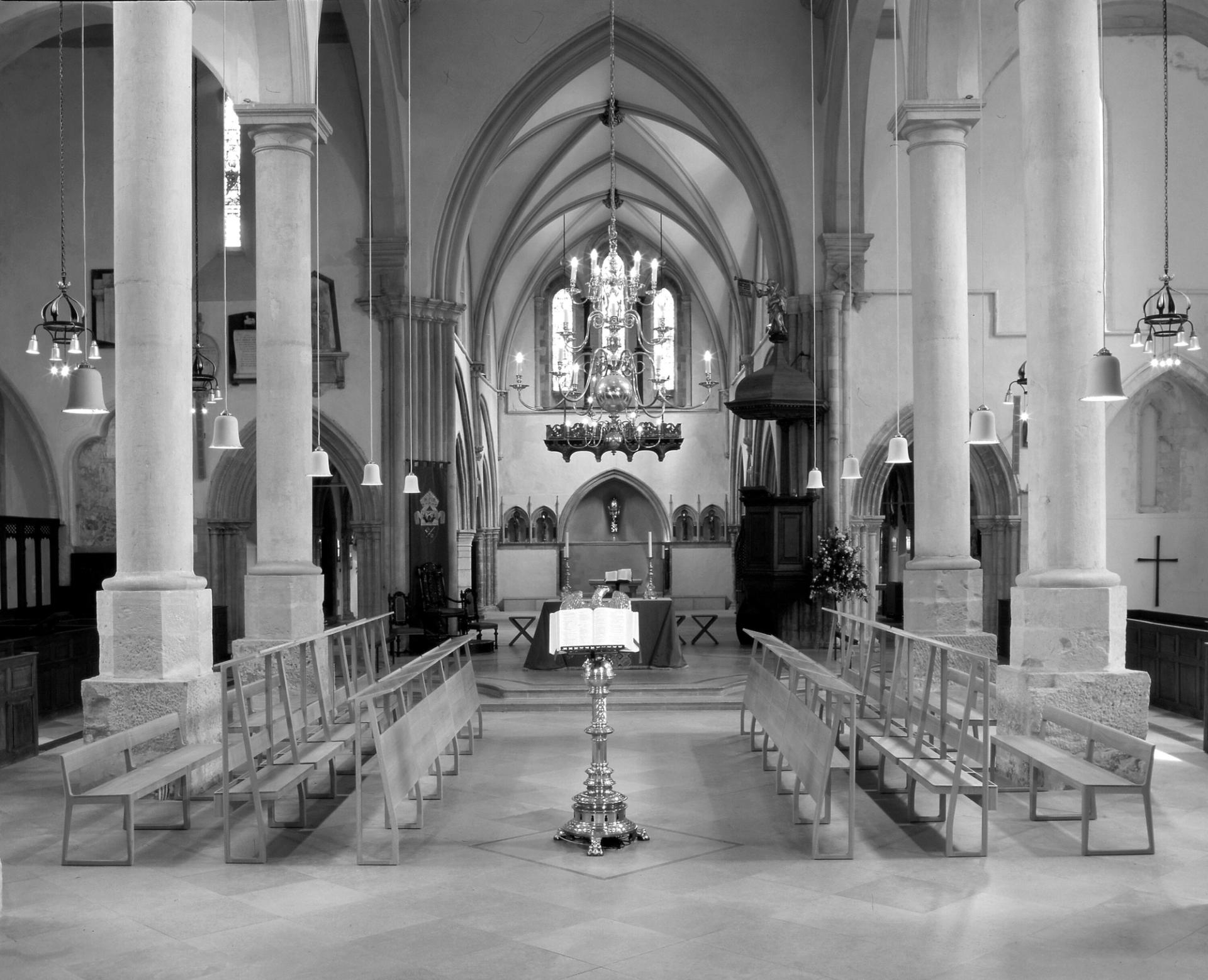 Benches and music stands designed in 2002 by Barber Osgerby for the Portsmouth Cathedral. (Photo: Chris McCourt)