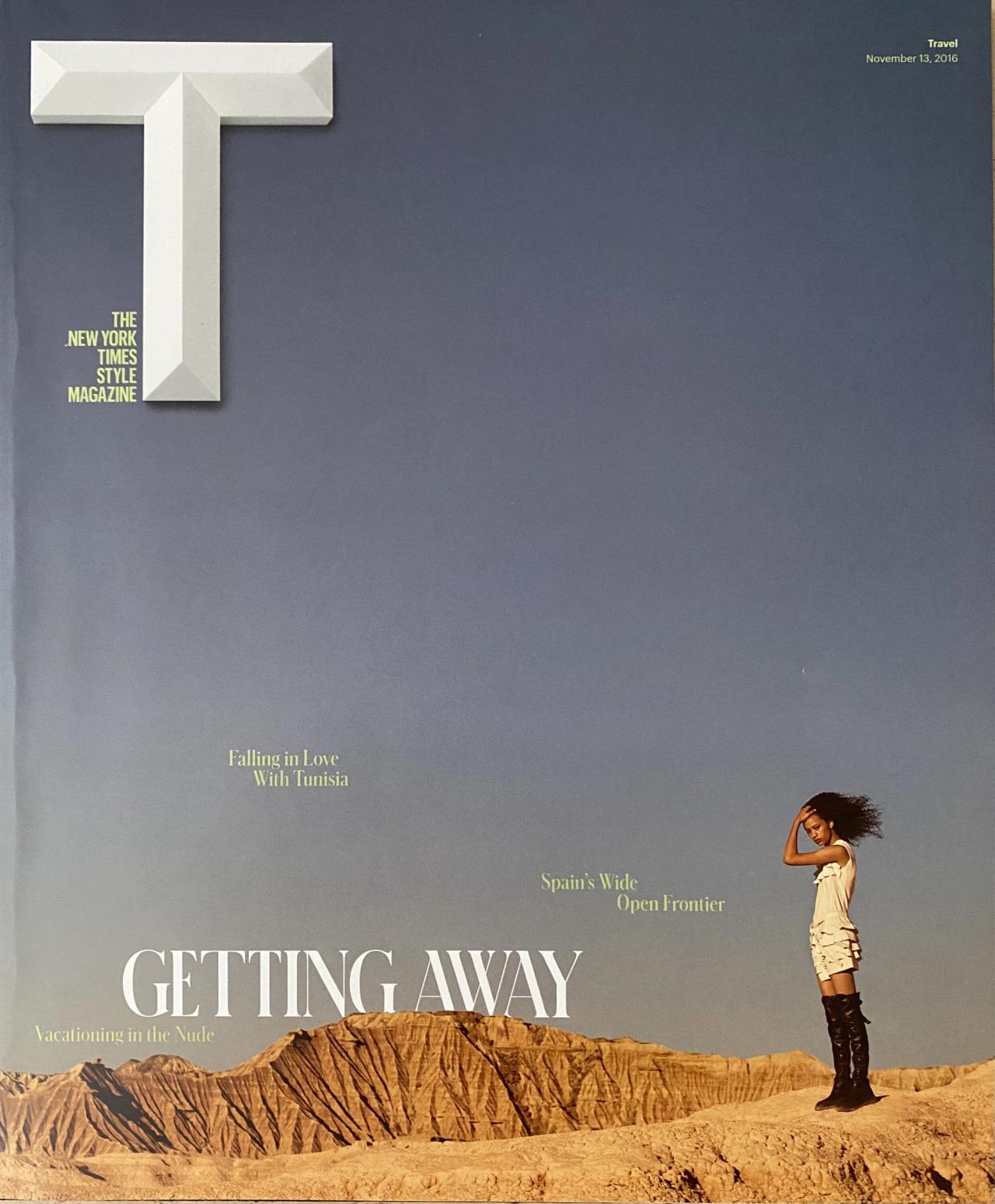 Cover of the T magazine issue “Getting Away,” published in November 2016. (Courtesy Deborah Needleman)