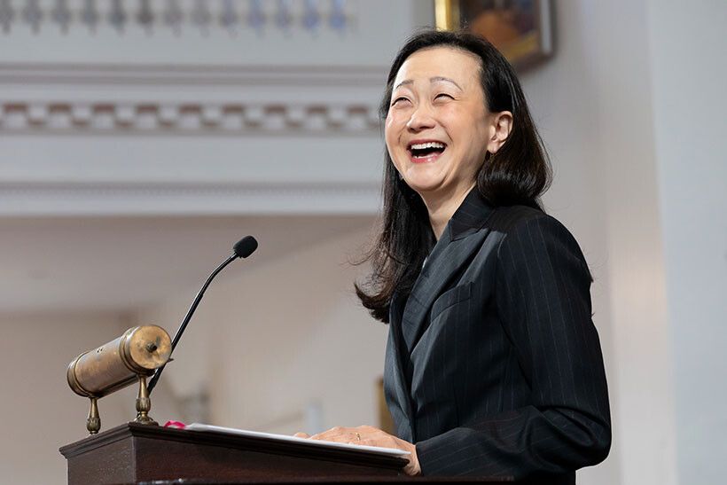 Lee giving the DeMott Lecture at Amherst College orientation on September 1, 2019. (Photo: Jiayi Liu. Courtesy Min Jin Lee)