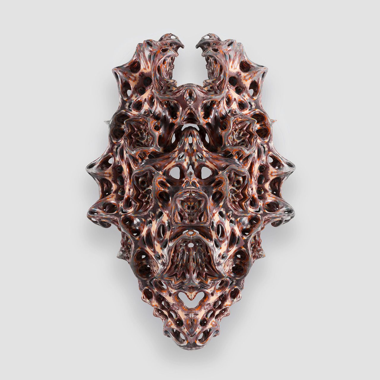 A front view of a mask from Neri Oxman’s “Vespers” (2018), 3D-printed by Stratasys, which featured in her MoMA exhibition, “Material Ecology” (2020). (Photo: Yoram Reshef)