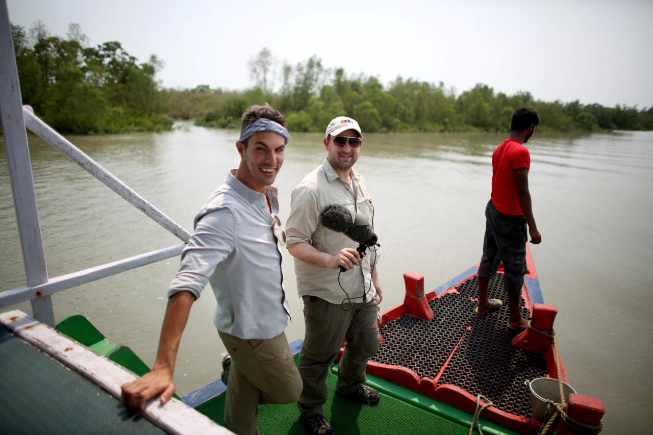 Shapiro (left) with his colleague Matt Ozug (center) while reporting in India. (Courtesy Ari Shapiro)