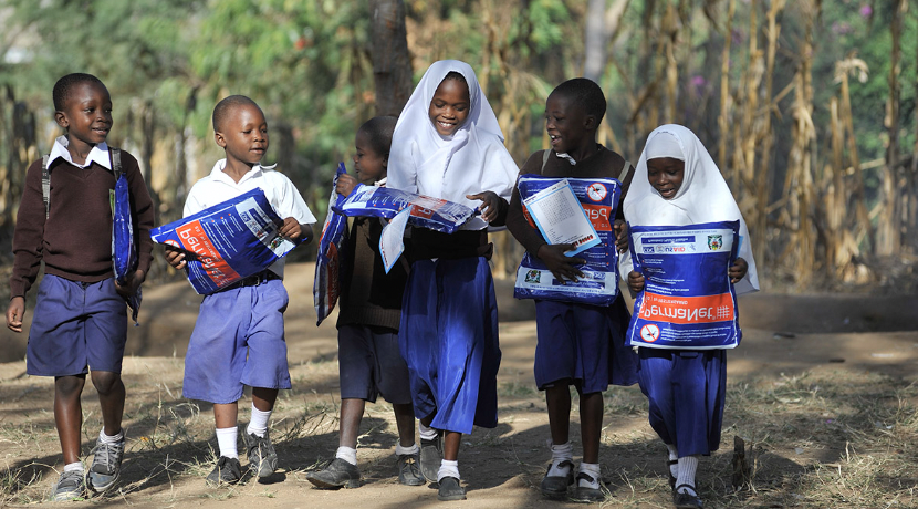 Children with the PermaNet 2.0 bed net in Tanzania in 2017. (Photo: the U.S. Presidential Malaria Initiative in Tanzania. Courtesy Vestergaard)