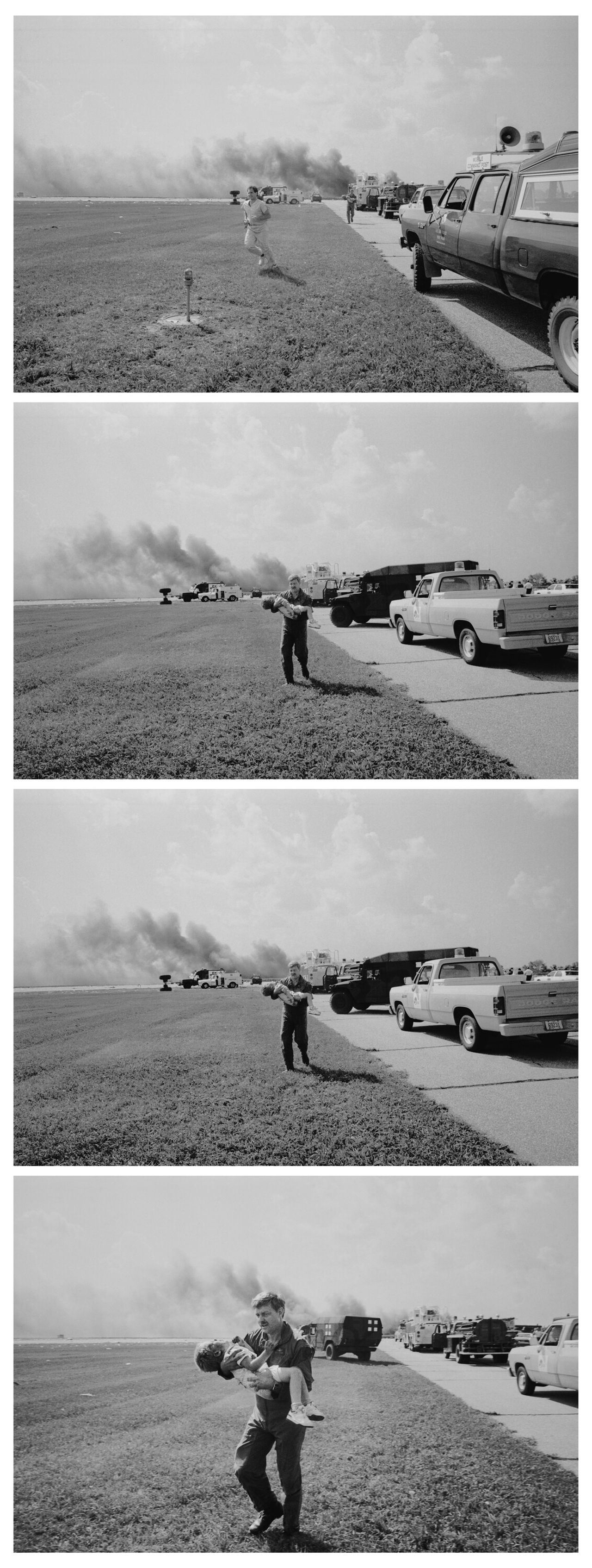 The sequence of photographs taken by Gary Anderson of Spencer, age 3, being carried by Lt. Col. Dennis Nielsen after the crash-landing of Flight 232. (Courtesy Sioux City Journal)