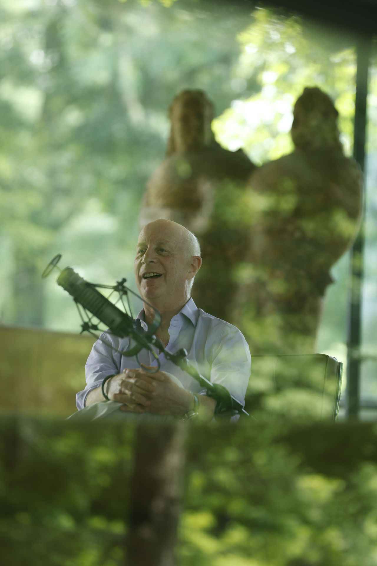 Paul Goldberger inside the Glass House in New Canaan, Connecticut, during his interview for this episode of Time Sensitive. (Photo: Ogata for The Slowdown)