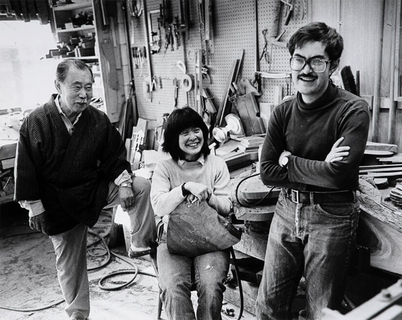George, Mira, and Kevin in the George Nakashima Woodworkers studio. (Courtesy George Nakashima Woodworkers)