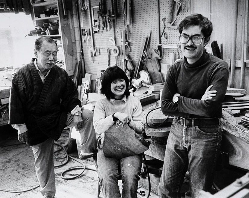 George, Mira, and Kevin in the George Nakashima Woodworkers studio. (Courtesy George Nakashima Woodworkers)