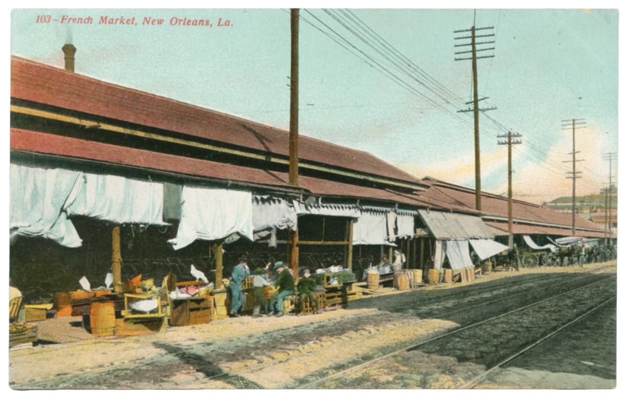 A postcard depicting the French Market in New Orleans, as featured in Vintage Postcards from the African World (2020) by Jessica B. Harris. (Courtesy the University Press of Mississippi)