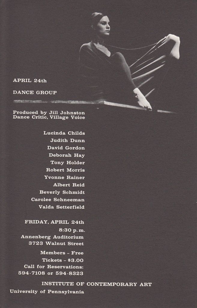 The program cover for Childs performance of her solo “Carnation” at the Institute of Contemporary Art in 1964. (Courtesy Lucinda Childs and The Pew Center for Arts & Heritage)