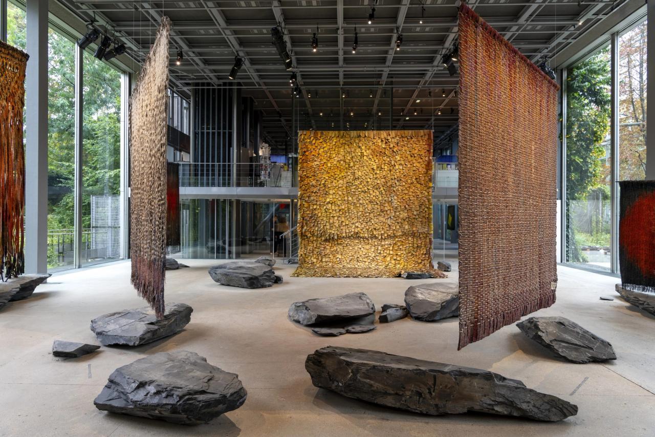 Installation views of "Olga de Amaral" (2024) at the Cartier Foundation in Paris, with architecture and exhibition scenography by Ghotmeh. (Photo: Marc Domage. Courtesy Cartier Foundation)