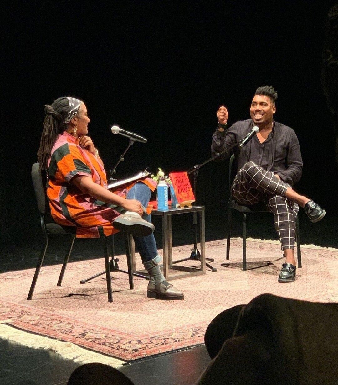 Jones in conversation with the playwright Lynn Nottage on his book tour for How We Fight for Our Lives in 2019. (Courtesy Saeed Jones)