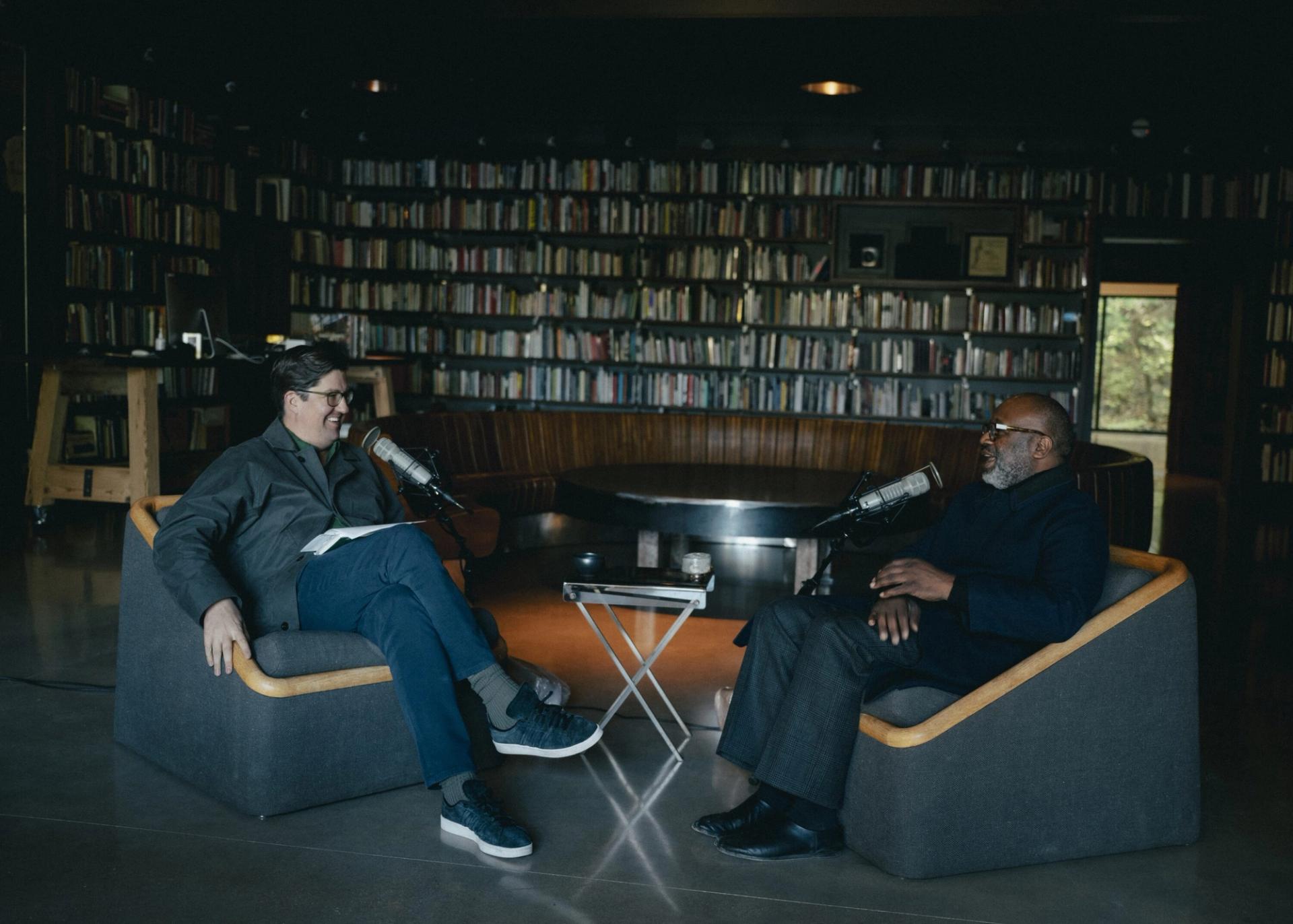 Spencer Bailey and Theaster Gates in conversation for Ep. 143 of Time Sensitive in Gates’s personal library. (Photo: Lyndon French)