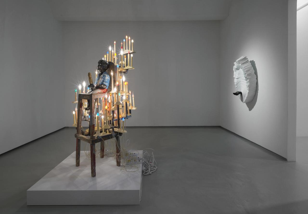 Installation view of Cave’s 2014 “Made by Whites for Whites” exhibition at Jack Shainman Gallery in New York. (Photo: James Prinz. Courtesy Jack Shainman Gallery)