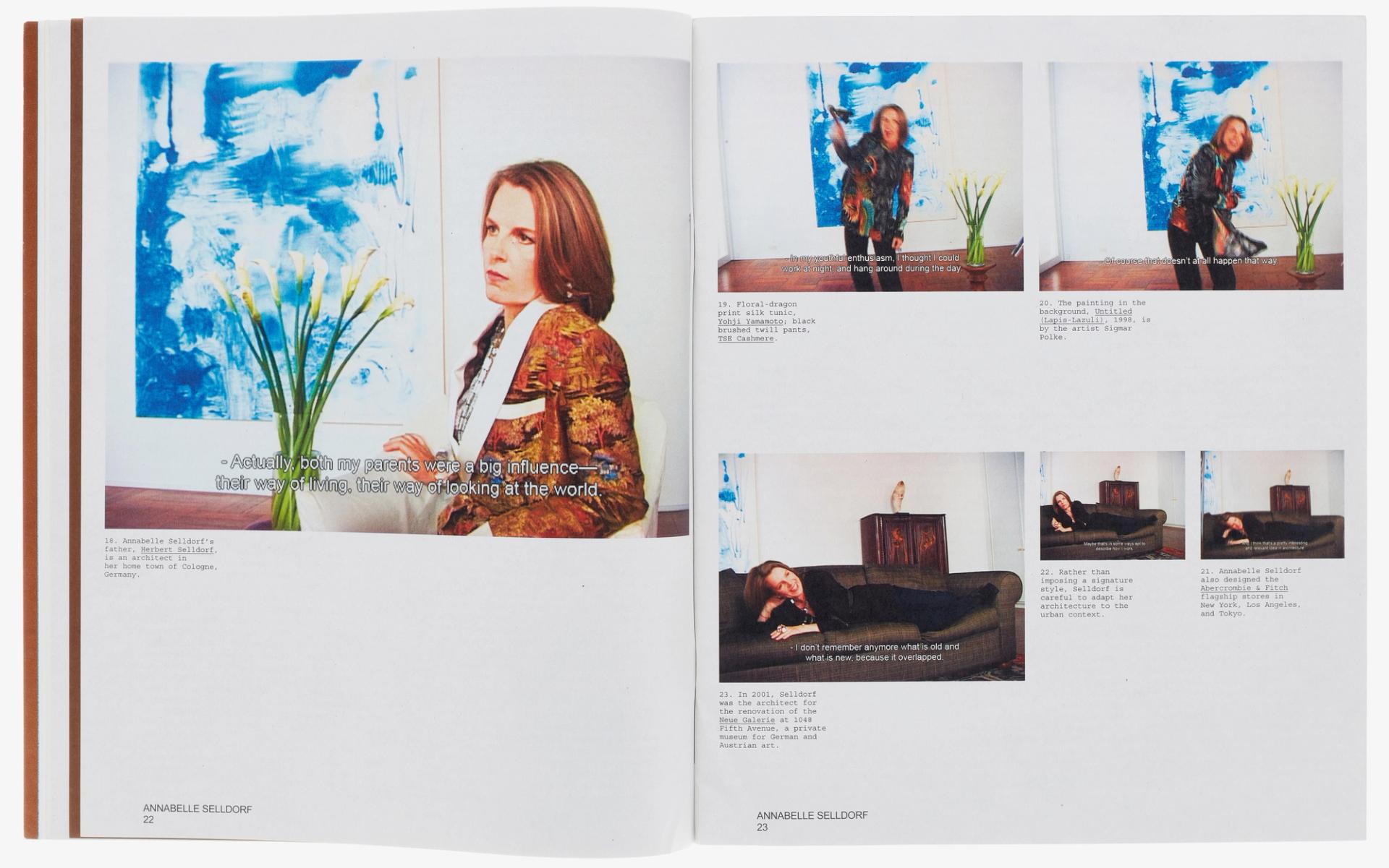 Spread featuring German-born architect Annabelle Selldorf (Ep. 104) interviewed by Ricky Clifton for PIN–UP Issue 4 (2008). (Video stills: Julika Rudelius/Courtesy PIN–UP)