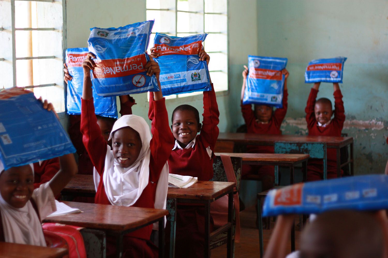 Children with the PermaNet 2.0 bed net at a school in Tanzania in 2017. (Photo: the U.S. Presidential Malaria Initiative in Tanzania. Courtesy Vestergaard)