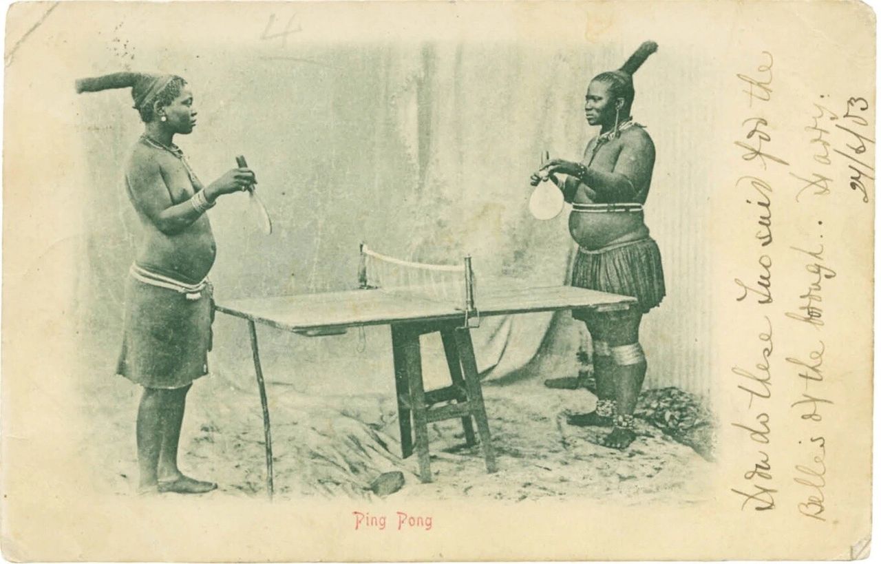 A postcard depicting two women playing ping-pong, originally mailed in 1903, as featured in Vintage Postcards from the African World (2020) by Jessica B. Harris. (Courtesy the University Press of Mississippi)