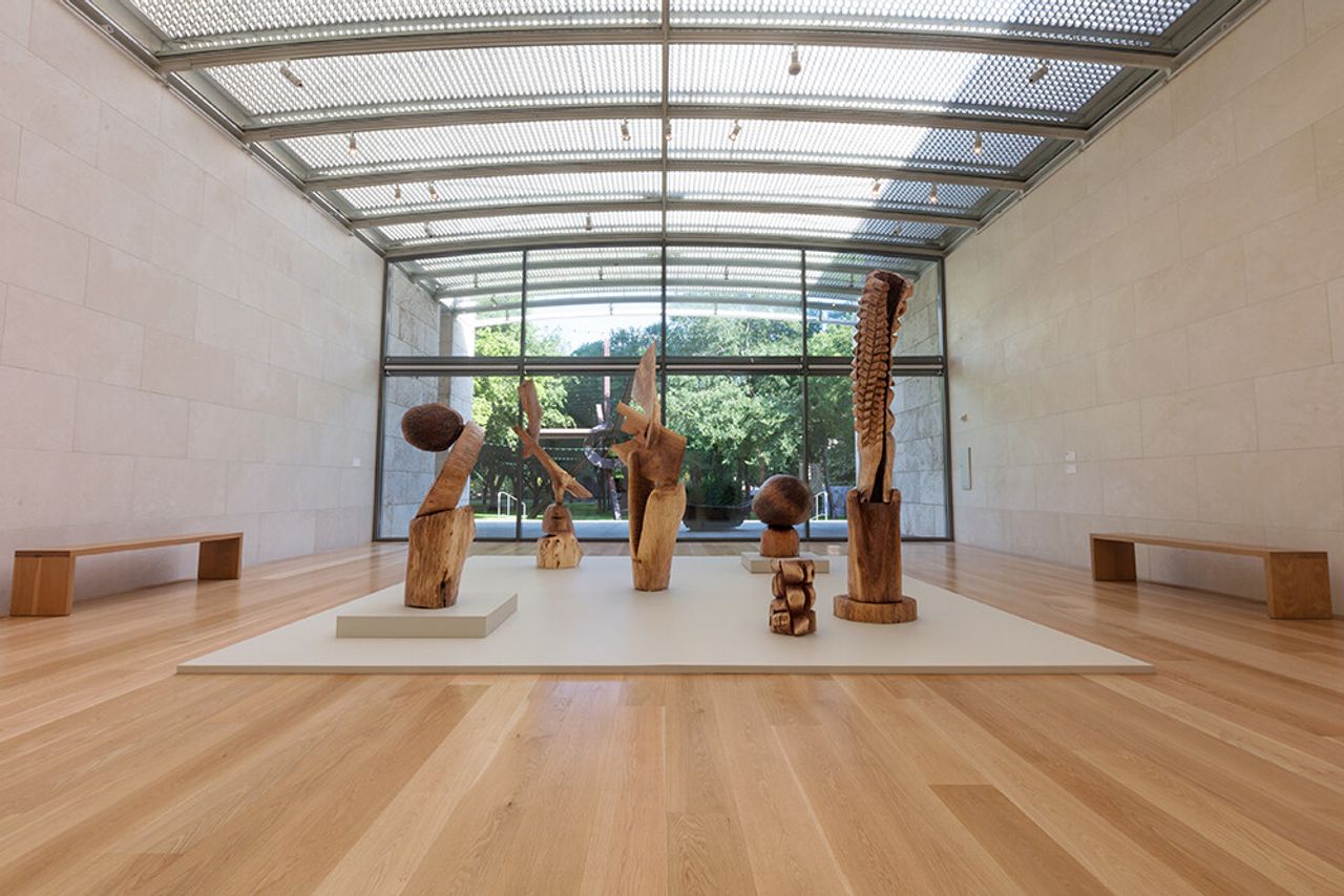 Installation view of “Thaddeus Mosley: Forest” (2023) at the Nasher Sculpture Center in Dallas. (Courtesy the artist and Karma gallery)